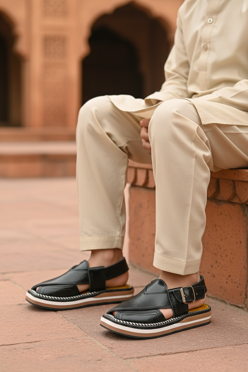 Kaptan Chappal Black - Sitting