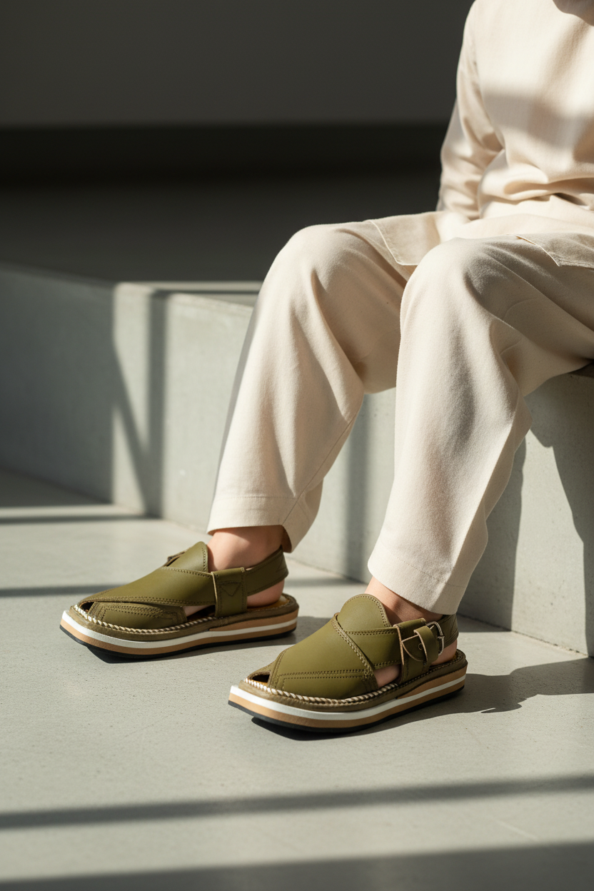Kaptan Chappal Olive - Sitting